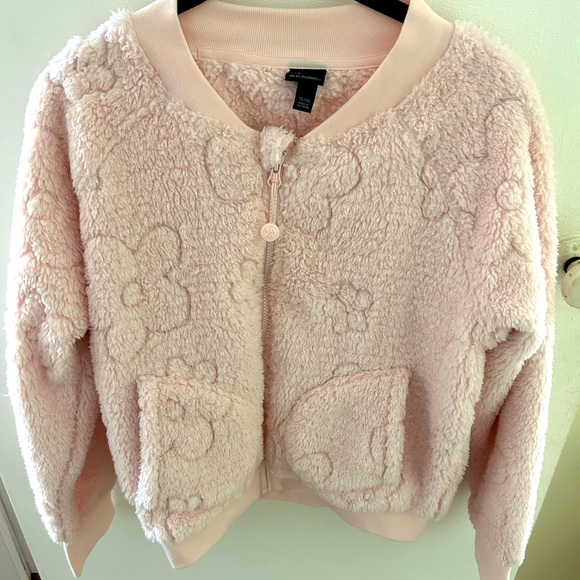 Fuzzy pink flowered zipppered jacket cardigan - Picture 1 of 4
